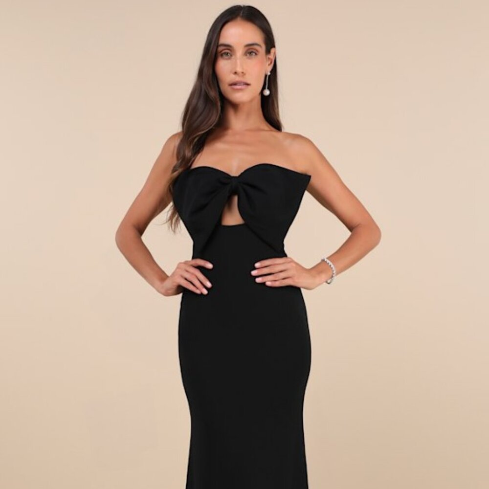 Lulus Coveted Glamour Black Strapless Bow Mermaid Maxi Dress - Size S